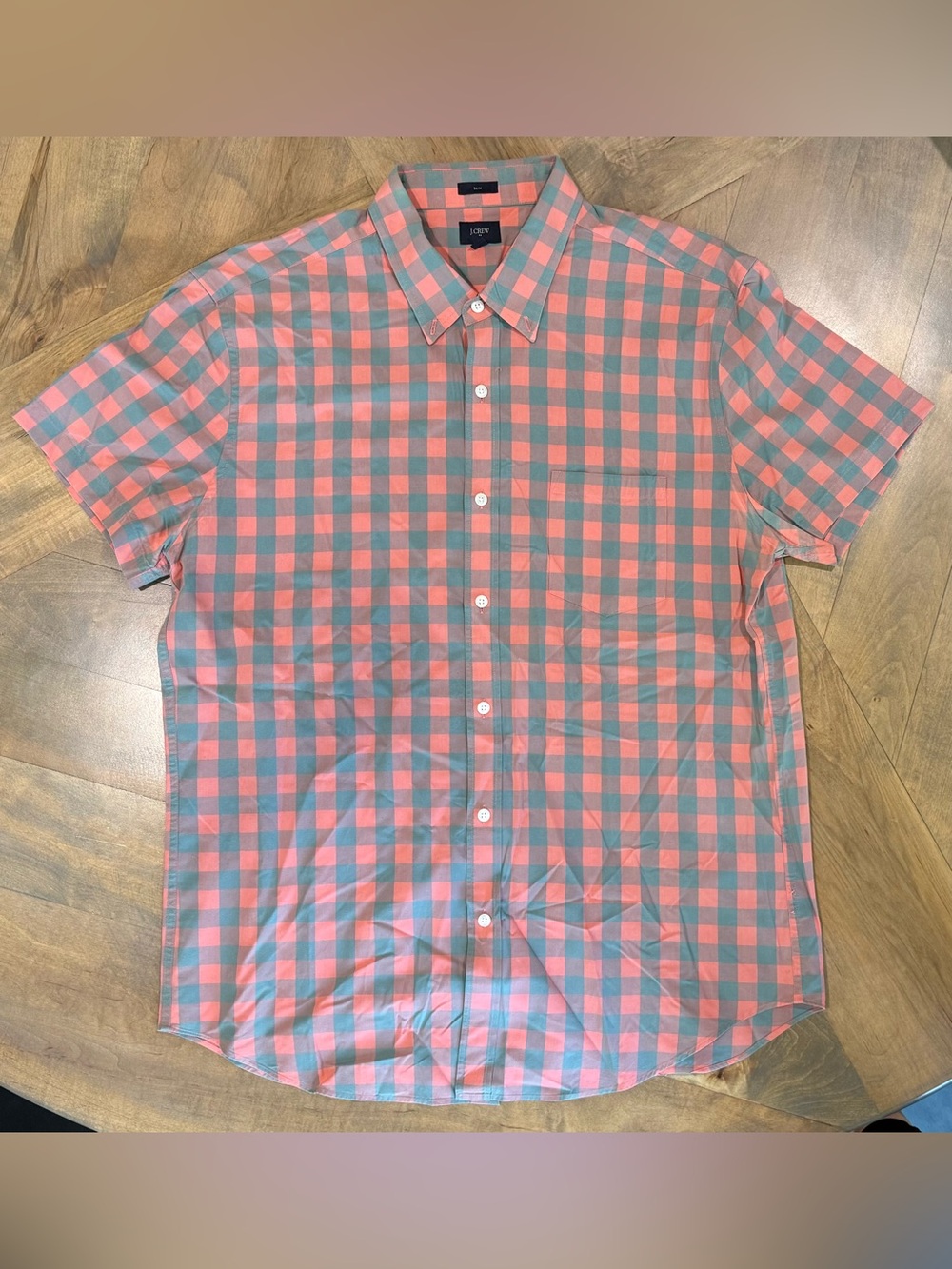 JCrew Men's Coral and Green Check Short-Sleeve Button-Down Shirt